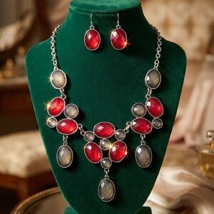 Elegant Silver-Tone Necklace & Earring Set w/ Red & Gray Gemstones